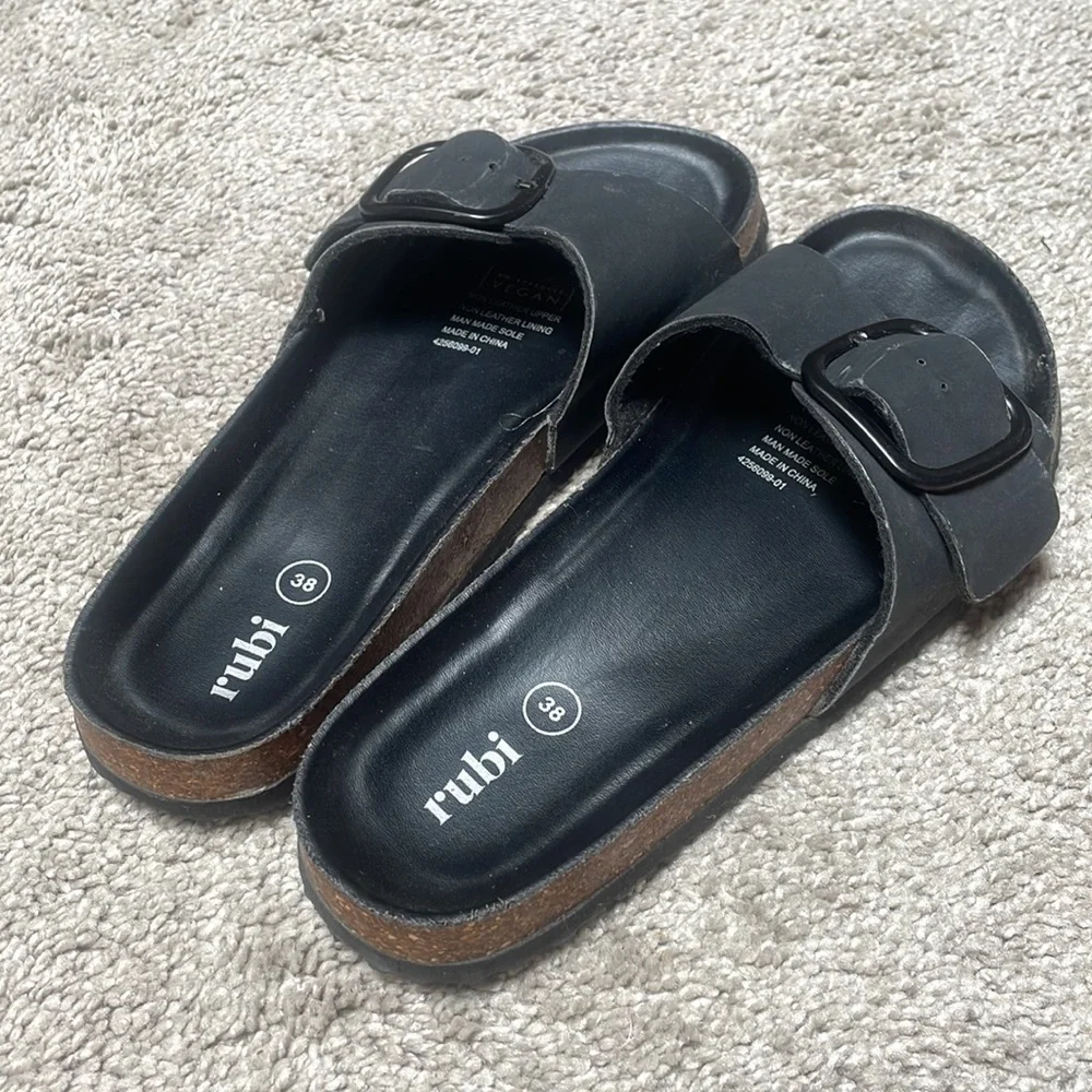 - Rubi black slides cork size Medium vegan leather 7/8